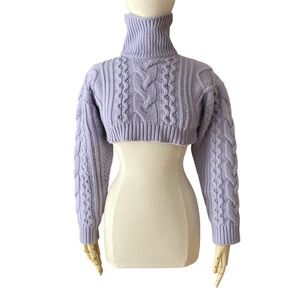 3.ANOTHER | Women's Cable Cropped Knit High-Neck Sweater - Lilac Sz S